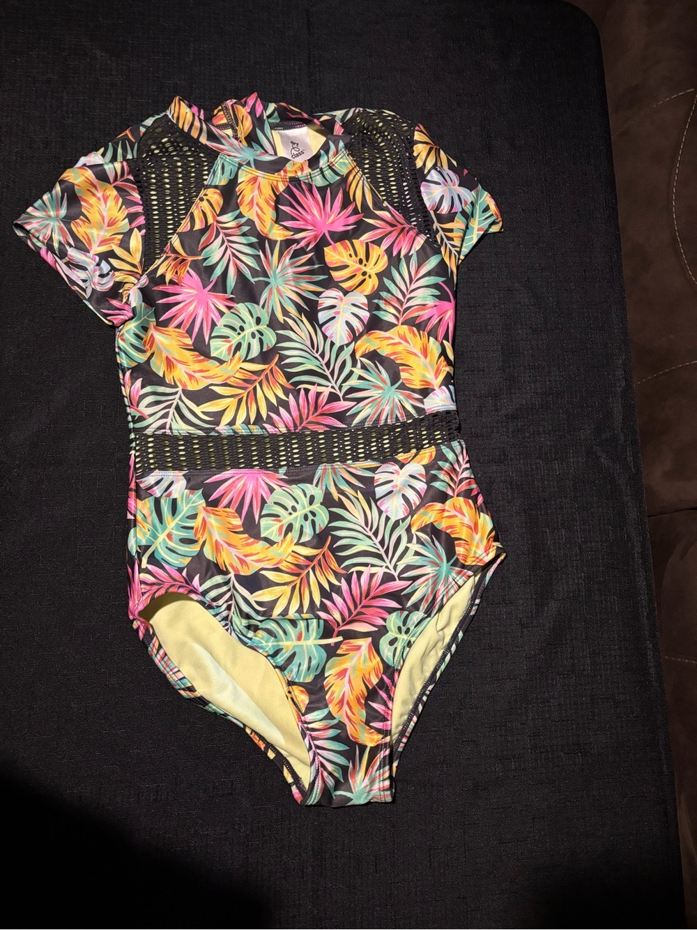 art class Black Tropical Leaf Mesh-Inset One-Piece